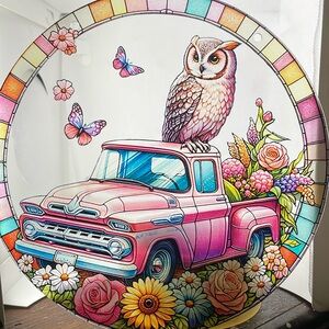 Suncatcher Acrylic Owl Vintage Pickup Truck Butterfly Floral Design 8”